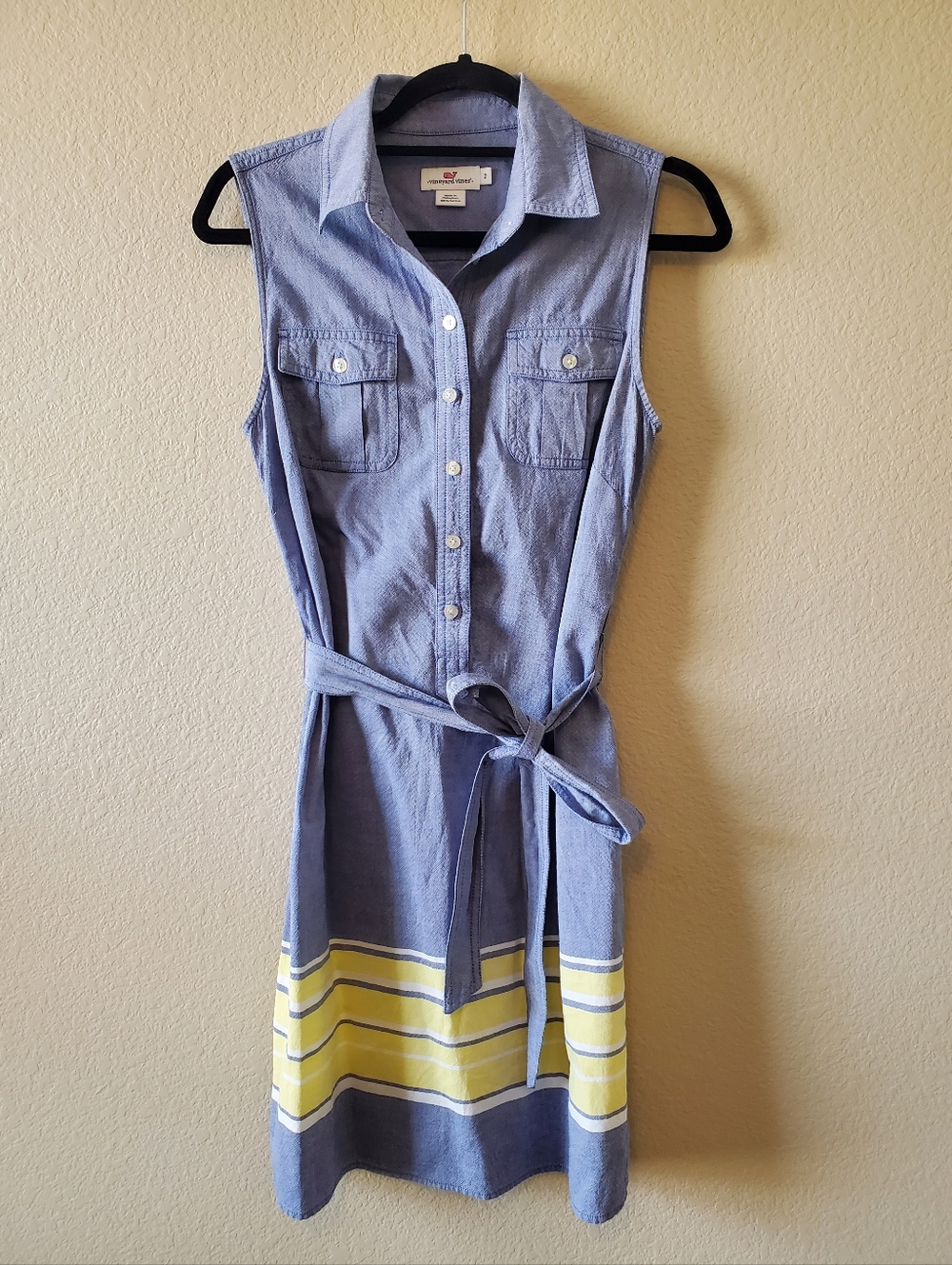 Vineyard Vines Sleeveless Blue Chambray Dress with Yellow Stripe Accent